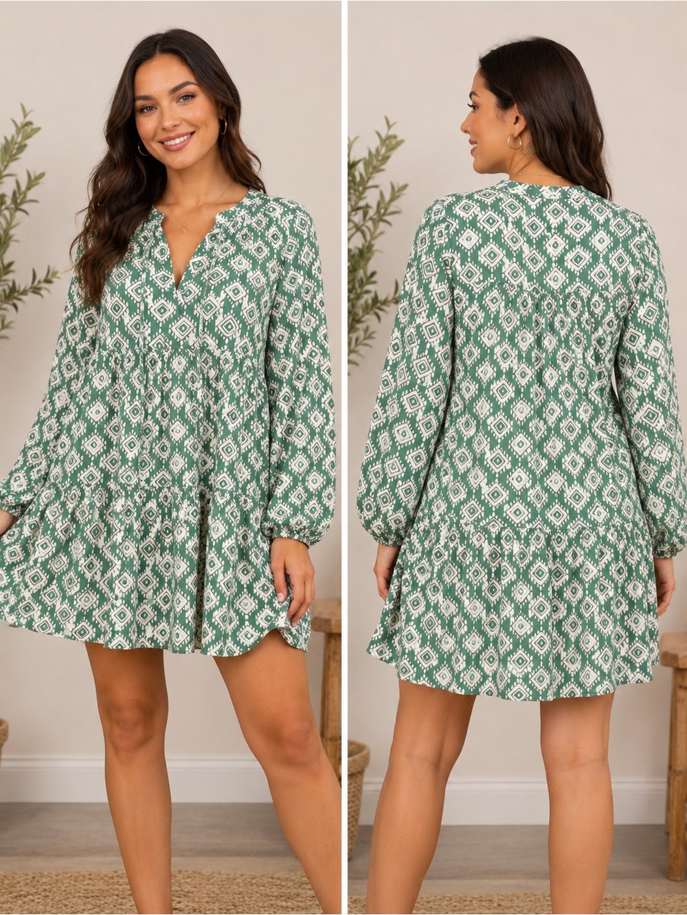 Sunny Up Green Geometric Print Tiered Mini Dress – Size Medium